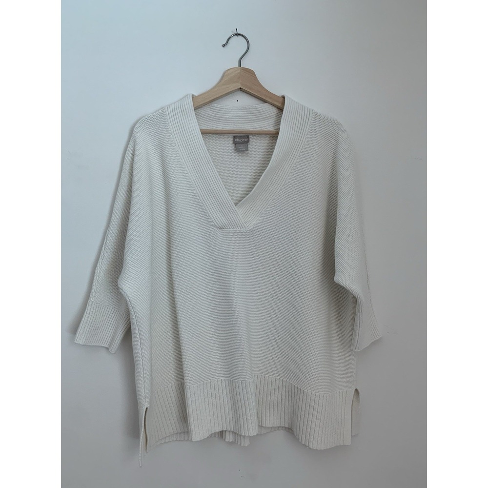 Chicos Sweater Sz XL White 100% Cotton Shawl Neck 3/4 Sleeve Lagenlook Coastal